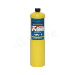 Yellow MAPP gas cylinder with warning label, used for welding and soldering applications, capable of reaching 3600°F temperature.
